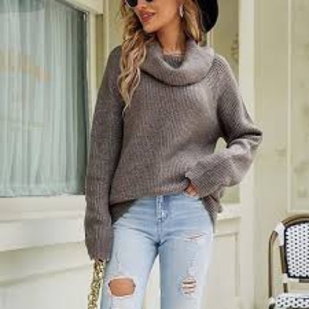 Cloth Ribbed Knit Cowl Neck Sweater